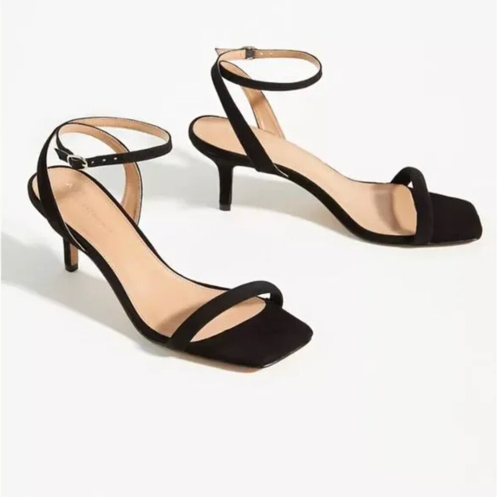Anthropologie Square Toe Ankle Strap Black Suede Heels Sz 37
